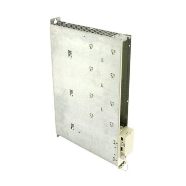 Siemens 6SN1123-1AA00-0CA1 SIMODRIVE module angled view with protective metal cover and top ventilation – available for purchase and expert repair at Neutronic Technologies.