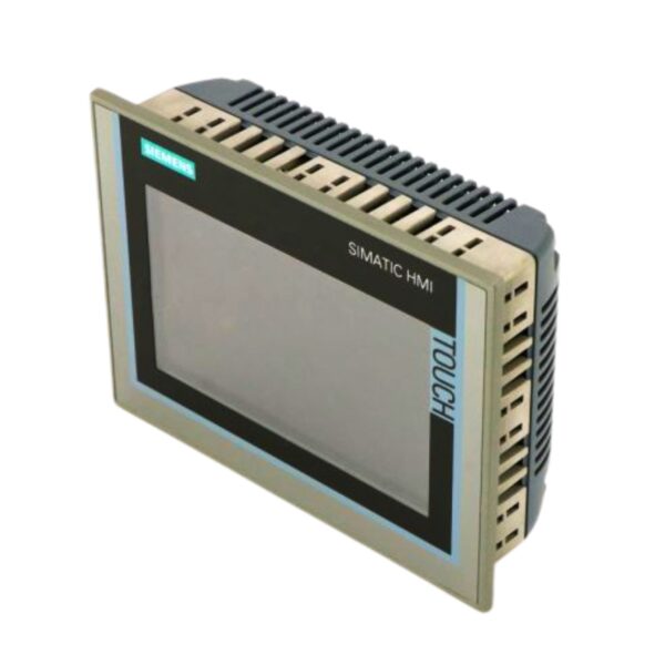Siemens 6AV2124-0GC01-0AX0 SIMATIC HMI touch panel angled view showing compact design and ventilation slots – industrial automation component for sale, replacement, or repair.
