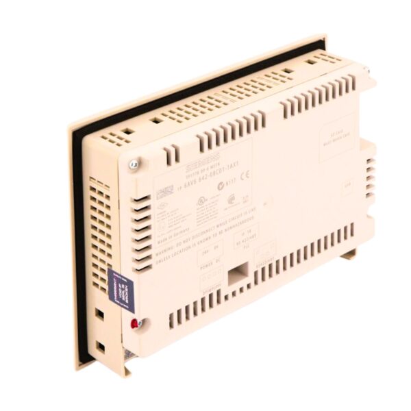 Rear view of Siemens 6AV6642-0BC01-1AX1 SIMATIC HMI showing label, connectors, and ventilation slots – industrial automation component for sale, replacement, or repair services.