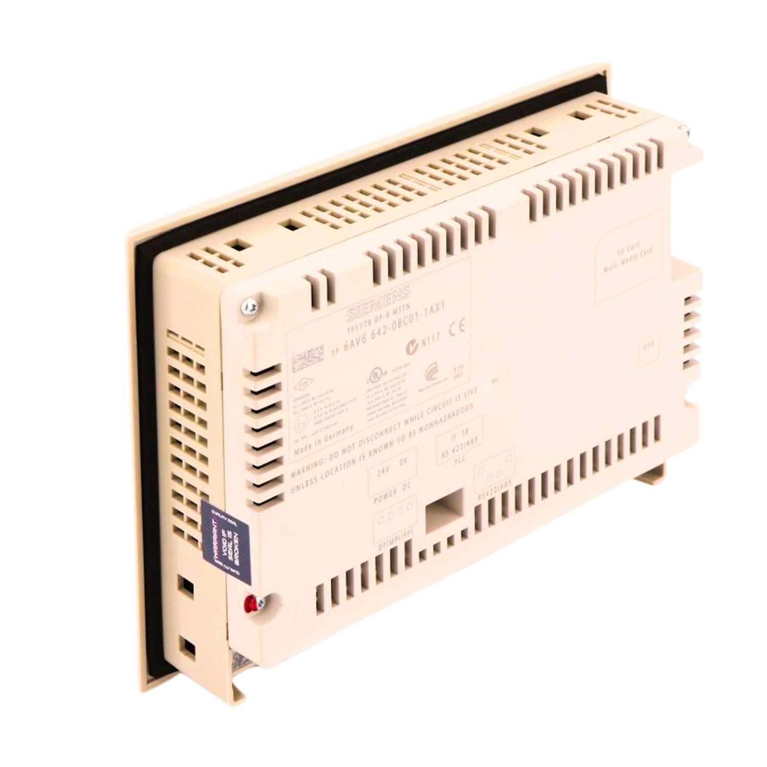 Rear view of Siemens 6AV6642-0BC01-1AX1 SIMATIC HMI showing label, connectors, and ventilation slots – industrial automation component for sale, replacement, or repair services.