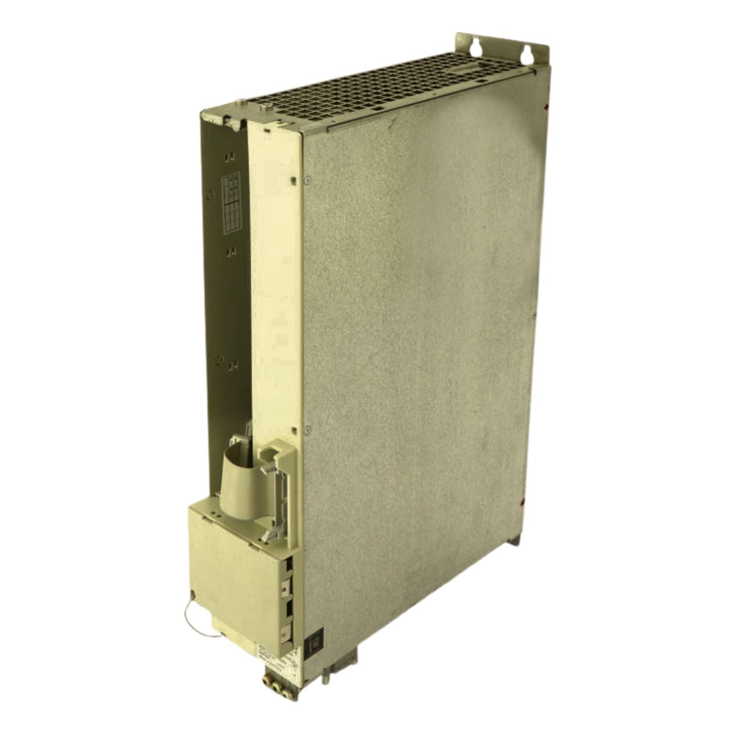 Siemens 6SN1123-1AB00-0CA1 SIMODRIVE drive module angled view with metal casing and cooling vents – available for replacement or professional repair at Neutronic Technologies.